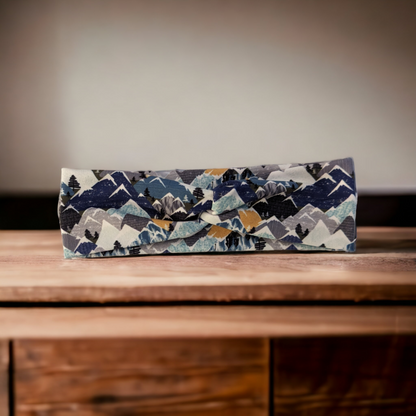 Navy Grey Teal and Mustard Sketch Mountains headbands